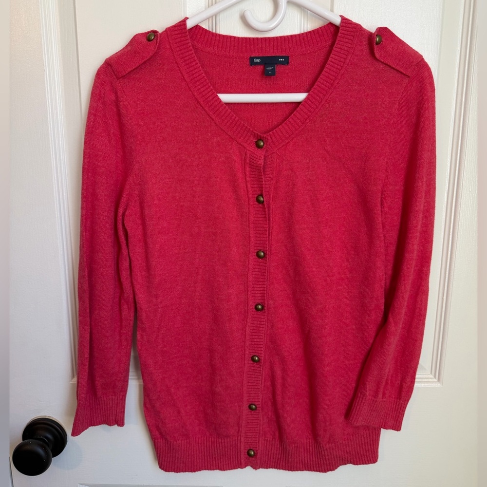 GAP Women's Spring Sweater Bright Pink Brass Button Cardigan Small